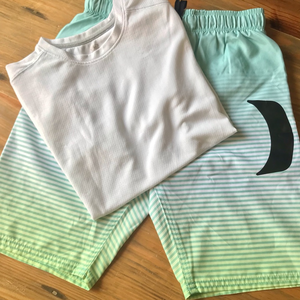 Hurley Swim Trunks (M) & White Tee (10-12)